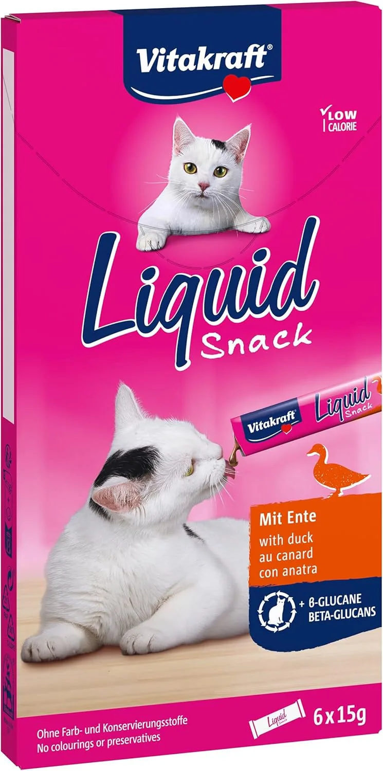 Vitakraft ▫️ Liquid Snack, guloseima para gatos, snack cremoso para gatos, com pato e beta-glucanos, em saquetas individuais, reforça as defesas imunitárias (1 embalagem de 6 x 15 g)