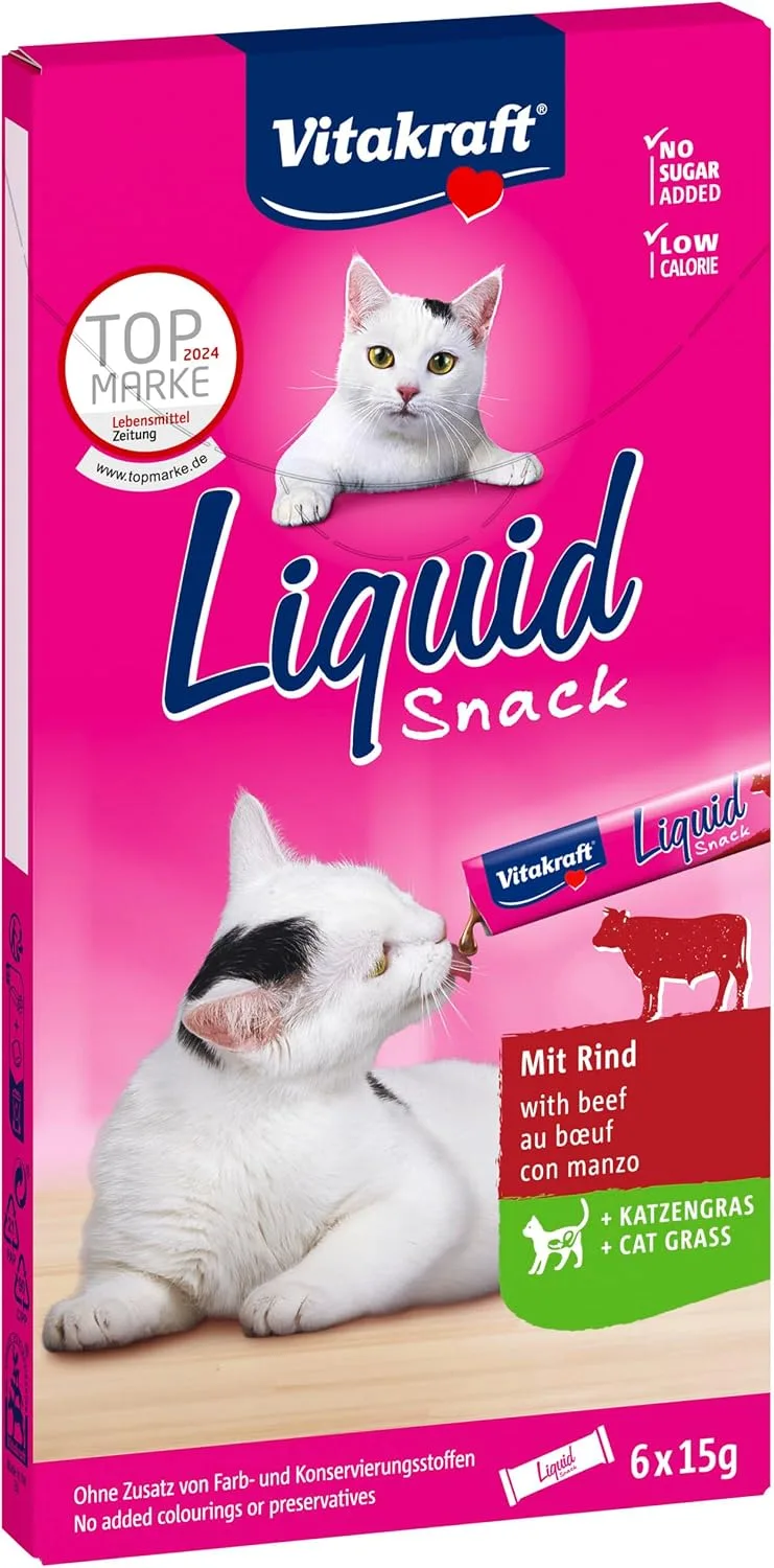 Vitakraft ▫️ Liquid Snack, guloseima para gatos, carne de vaca, erva-dos-gatos (6 x 15 g)