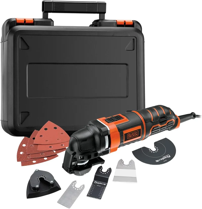 Black+Decker ▫️ Multiferramenta oscilante de 300 W com 5 acessórios, 6 folhas de lixa e mala de transporte, preta/laranja, 230 V, MT300KA-QS