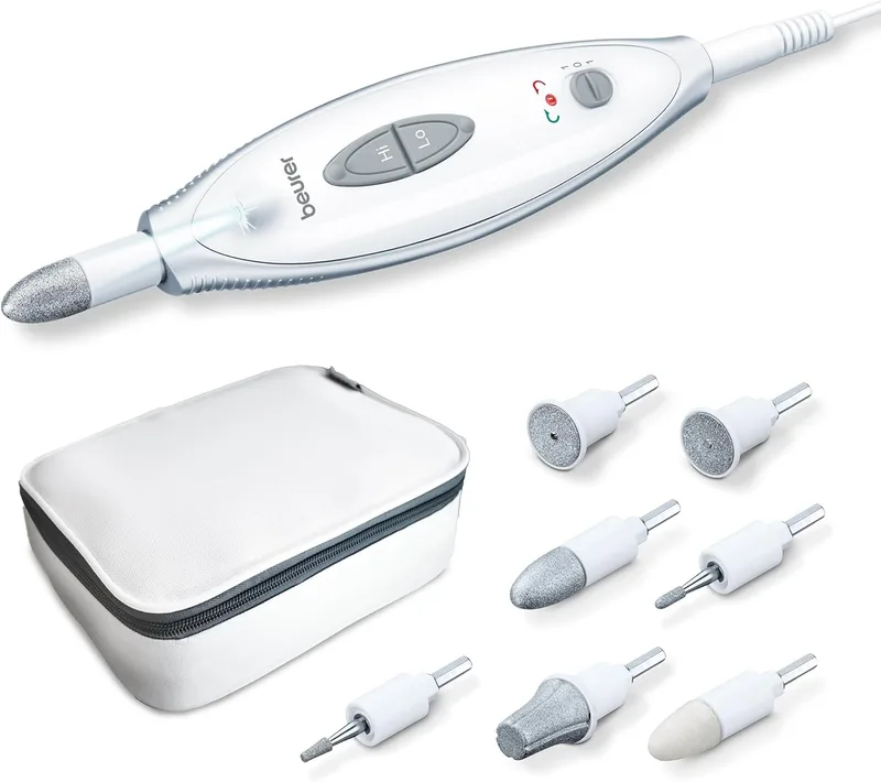 Beurer ▫️ MP 41 Conjunto profissional de manicure e pedicure, lima elétrica com 7 acessórios, luz LED, rotação para a direita/esquerda, 2 velocidades, bolsa incluída