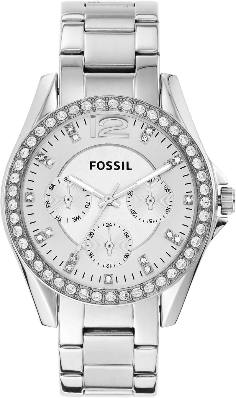 Fossil ▫️ Relógio Riley para mulher, mecanismo de cronógrafo com bracelete em aço ou pele