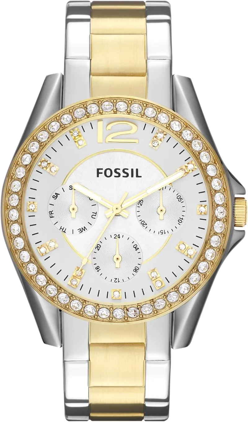Relógio Fossil Riley para senhora, movimento cronógrafo com bracelete em aço ou pele