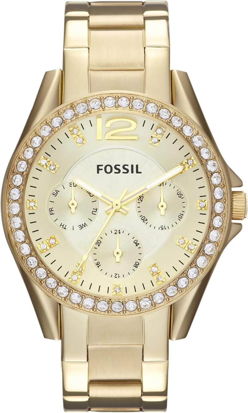 Fossil ▫️ Relógio Riley para mulher, mecanismo de cronógrafo com bracelete em aço ou pele