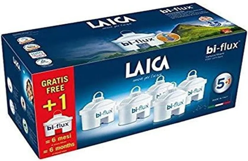 Laica ▫️ Filtros de água bi-flux (6 unidades) - Preservam os sais minerais essenciais, reduzem o calcário, o cloro e os metais pesados - Compatíveis com os jarros e BRITA - 150L/Filtro - Itália