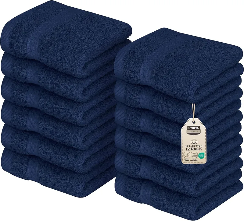 Utopia Towels ▫️ Toalhas Utopia - Conjunto de Toalhas Premium (30 x 30 cm, Azul Marinho) Toalha de Rosto 100% Algodão, Altamente Absorvente, Toalha de Toque Suave para as Pontas dos Dedos (Embalagem de 12)