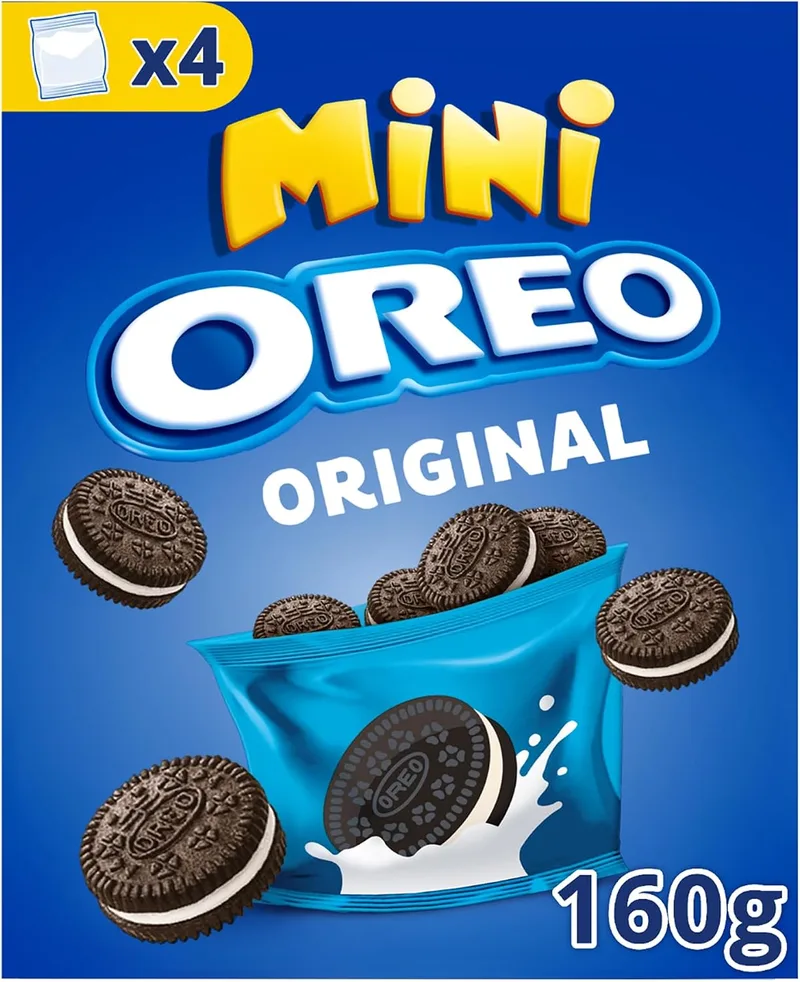 Oreo ▫️ Original Mini com sabor a baunilha, embalagem com 4 saquinhos de 160 g