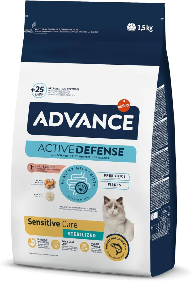Advance ▫️ Cat Sensitive Sterilised, Alimento para Gatos Adultos Esterilizados com Sensibilidades Digestivas com Salmão, 1,5kg