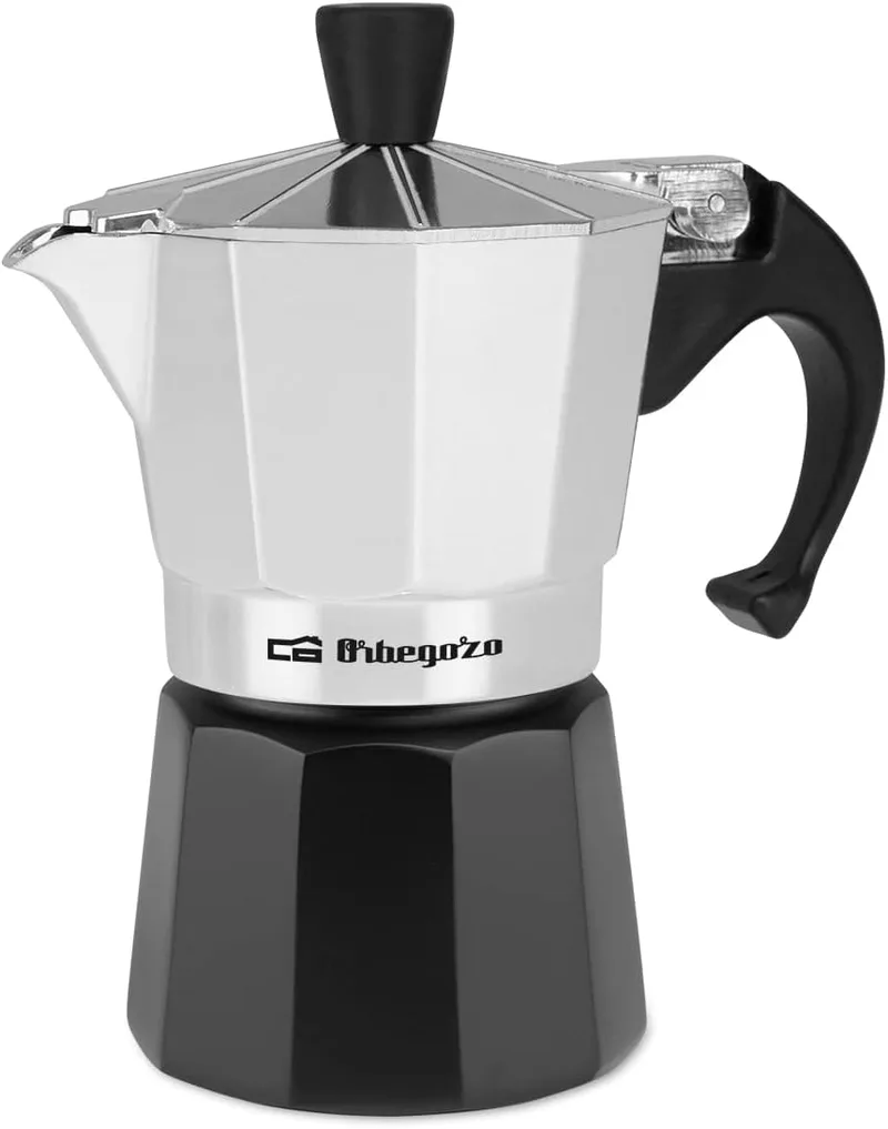 Orbegozo ▫️ KFM 230, Cafeteira italiana, 2 chávenas, adequada para fogão a gás, vitrocerâmica e elétrico, alumínio, cor preto e prata