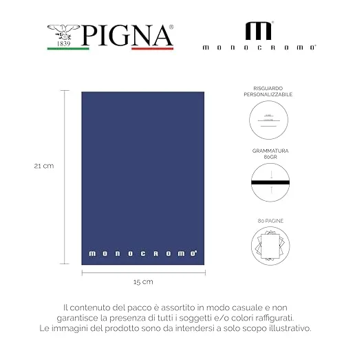 Pigna ▫️ Caderno A5 monocromático, interior 0Q, quadriculado a 5 mm com margem, papel de 80 g/m², capas variadas, formato A5 15 x 21 cm, 10 3