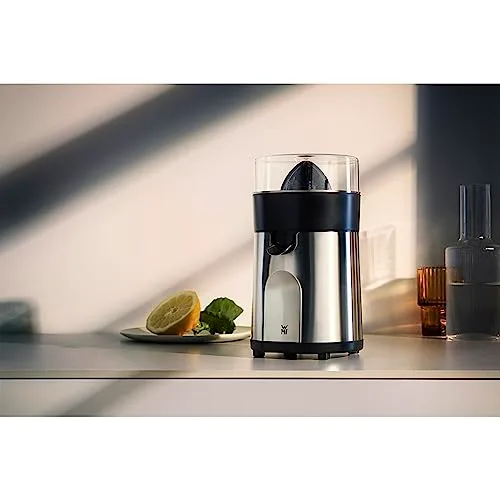 WMF ▫️ Stelio - Espremedor, 85 W, 2 cones intercambiáveis e coador removível em Cromargan com fecho antigotejamento, adequado para limão, laranja e toranja, aço inoxidável, Cromargan 2