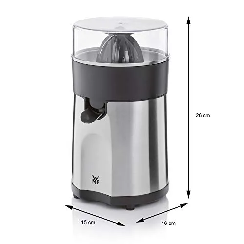 WMF ▫️ Stelio - Espremedor, 85 W, 2 cones intercambiáveis e coador removível em Cromargan com fecho antigotejamento, adequado para limão, laranja e toranja, aço inoxidável, Cromargan 3