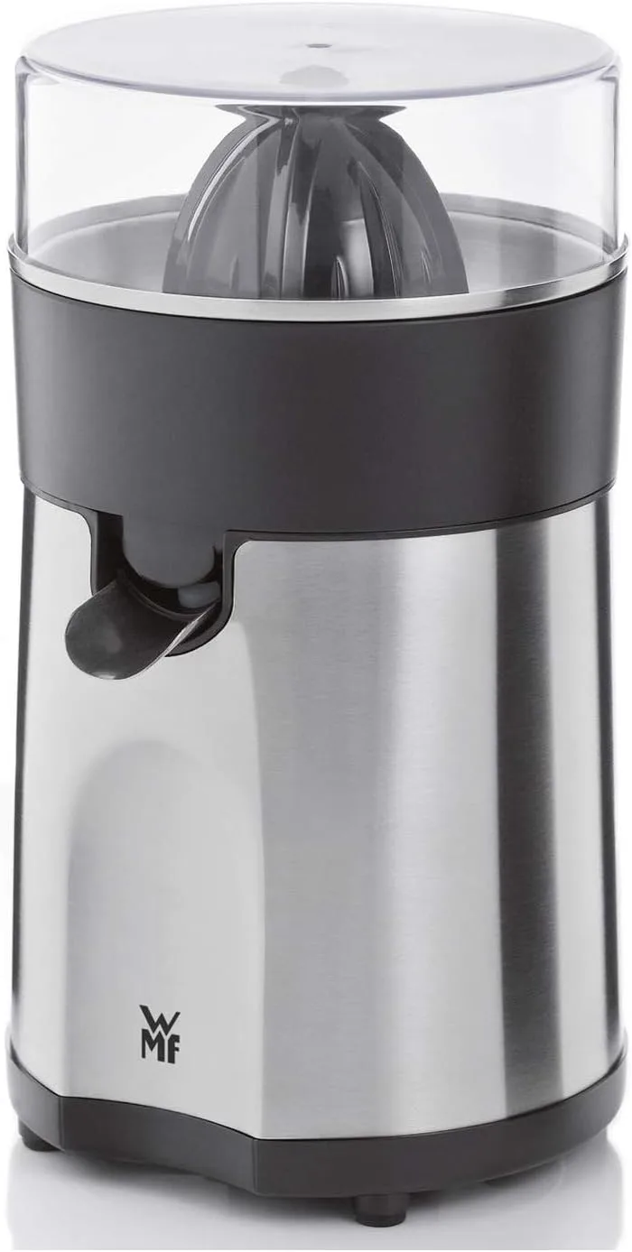 WMF ▫️ Stelio - Espremedor, 85 W, 2 cones intercambiáveis e coador removível em Cromargan com fecho antigotejamento, adequado para limão, laranja e toranja, aço inoxidável, Cromargan