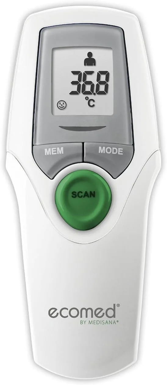 Medisana ▫️ ecomed TM-65E Termómetro clínico, sem contacto, por infravermelhos, termómetro frontal preciso, para bebés, crianças pequenas e adultos, inclui função de memória, temperatura ambiente, temperatura de fluidos