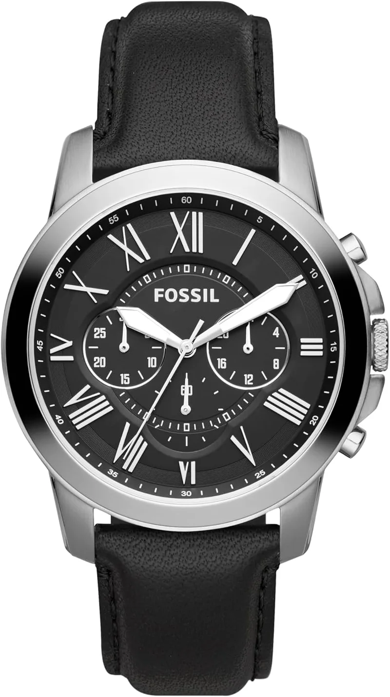 Fossil ▫️ Relógio Grant para homem, movimento cronógrafo de quartzo com bracelete em pele e aço inoxidável