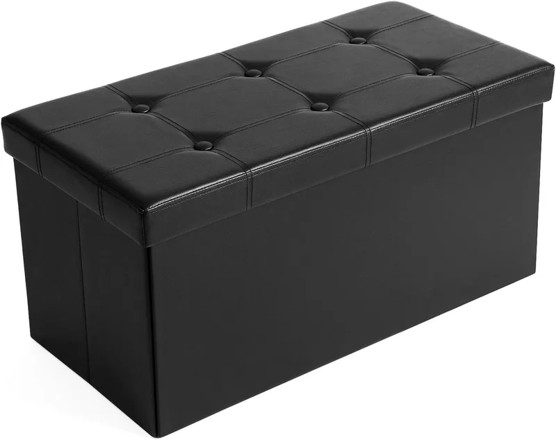 SONGMICS ▫️ Puff para arrumação, banco para arrumação, capacidade 80 L, capacidade de carga 300 kg, estofo em PVC, almofadado, para sala de estar, quarto, hall de entrada, preto LSF105