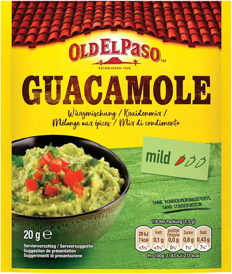 Old El Paso ▫️ Tempero para Guacamole, Pronto a Preparar um Molho à Base de Abacate, Picante Suave, Sem conservantes, Adequado para vegetarianos, 1 Saqueta, 20 g