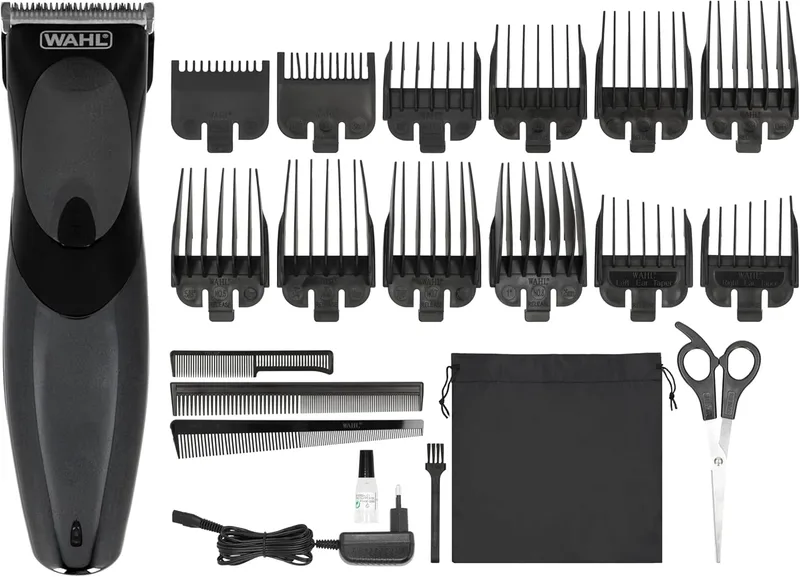 Wahl ▫️ Haircut & Beard: aparador de precisão para barba e regulador para homem, sem fio e com bateria recarregável, para cabelo, barba longa e curta, kit com 10 pentes-guia, pente e tesoura
