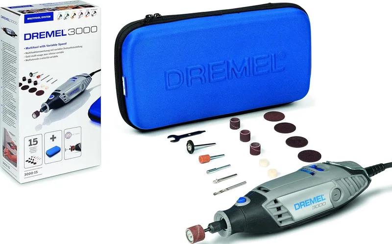 Dremel ▫️ 3000 - Multiferramenta 130 W, kit com 15 acessórios e mala, velocidade variável 10.000-33.000 rpm para esculpir, gravar, fresar, retificar, limpar, polir, cortar e lixar (Versão inglesa)
