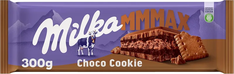 Milka ▫️ MMMAX Choco Cookie Tablete grande de chocolate de leite alpino com camada de bolacha de cacau e recheio de creme de cacau de camada dupla 300 g