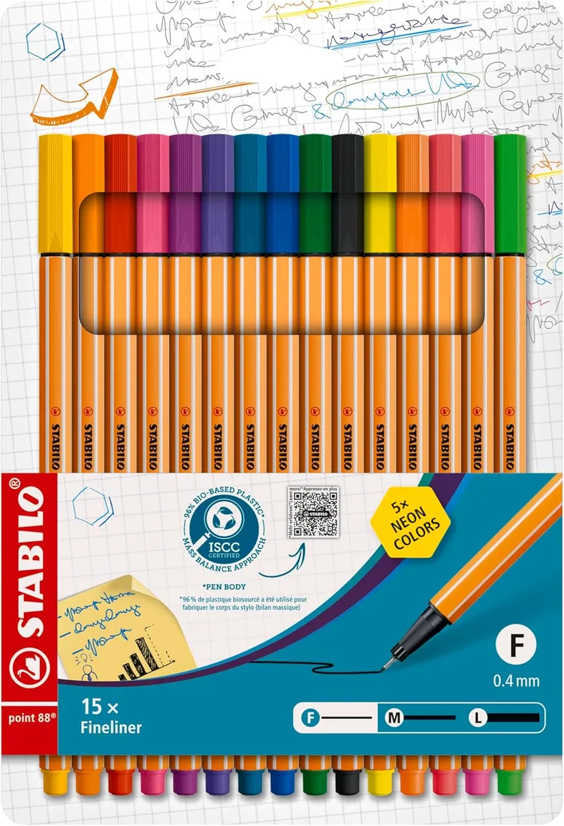 STABILO ▫️ Caneta de ponta fina point 88 - conjunto de 15 cores (néon)