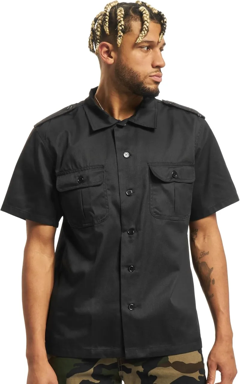 Brandit ▫️ Camisa masculina de manga curta (1/2 Sleeve) estilo americano, preta, 80% poliéster, 20% algodão, corte regular