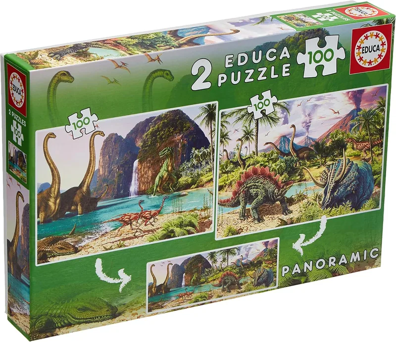 Educa ▫️ Dino World. Conjunto de 2 puzzles com 100 peças. Tamanho aproximado quando montado: 40 x 28 cm. Composto por peças grandes e de acabamento perfeito. Recomendado a partir dos 6 anos de idade (15620)