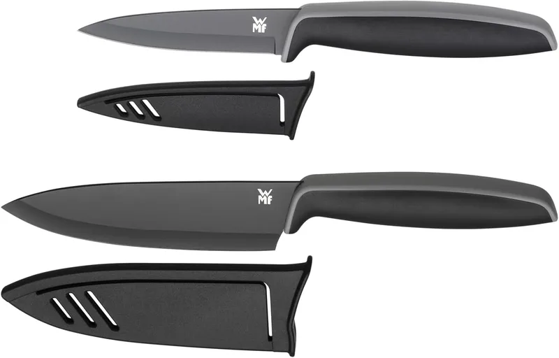 WMF ▫️ Touch - Conjunto de 2 facas com capas protetoras, lâminas de aço especial com revestimento antiaderente de 13 cm e 9 cm, cor preta