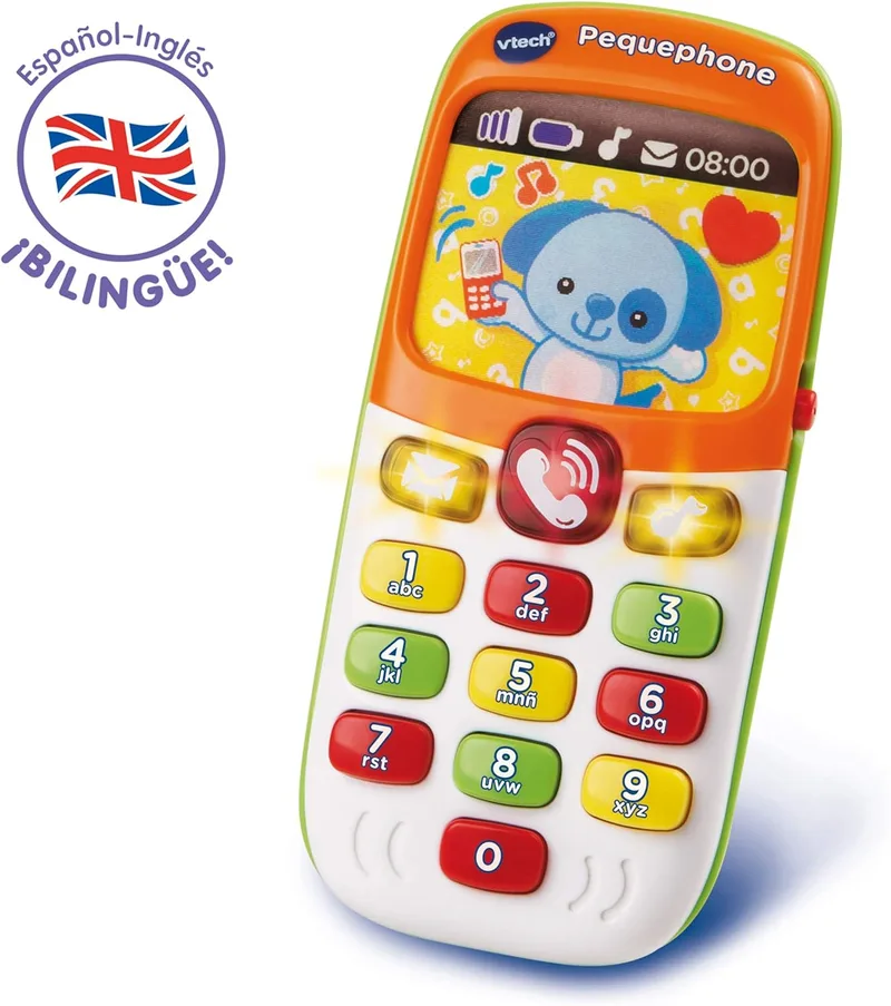 VTech ▫️ Baby Pequephone Bilingual, Telefone bilingue para bebé com luzes, sons e canções em inglês e espanhol, ensina números, cores e animais, Multicolor (80-138147)