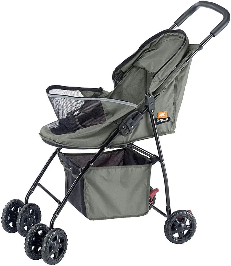 Ferplast ▫️ Carrinho para cães de pequeno porte GLOBETROTTER, Carrinho para animais com peso máximo de 9 kg, Capota que se abre, Totalmente dobrável, Equipado com cesto e rodas, 80 x 42 x 95 cm (altura)