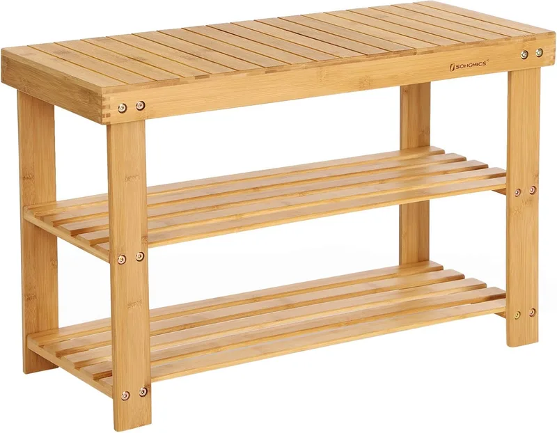 SONGMICS ▫️ Shoe Bench, organizador de sapatos de bambu de 3 níveis, banco de corredor, suporta até 130 kg, 28,7 x 70,1 x 45,3 cm, para hall de entrada, casa de banho, quarto, natural LBS04N