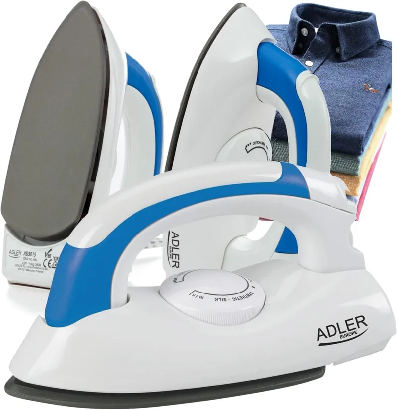 Adlereurope ▫️ Adler AD5015 - Ferro de engomar de viagem com cabo dobrável, leve e compacto, base antiaderente, regulação de temperatura, 700 W