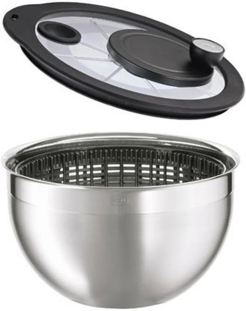 RÖSLE ▫️ Centrifugadora de salada, centrifugadora de alta qualidade com tampa de vidro com acionamento por manivela 4:1, aço inoxidável 18/10, alto brilho/mate, lavável na máquina de lavar louça, 24 cm de diâmetro