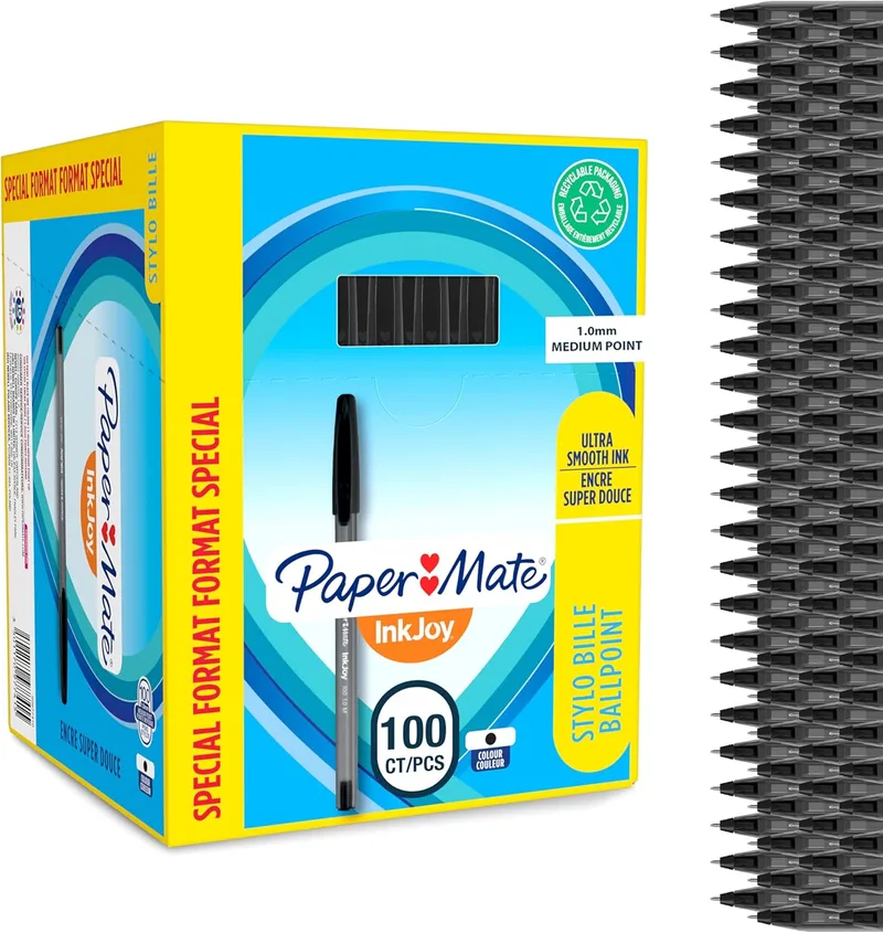 Paper Mate ▫️ 3501170977415 Caneta esferográfica com tampa, ponta média de 1 mm, cor preta, caixa de 100 unidades