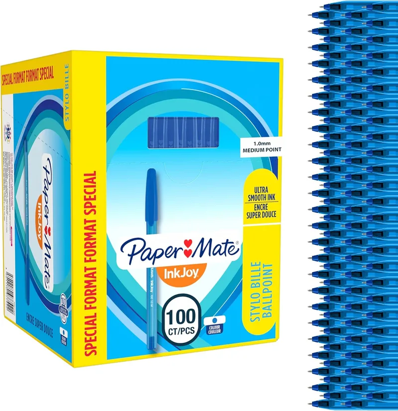 Paper Mate ▫️ InkJoy 100ST Caneta esferográfica com tampa | ponta média (1,0 mm) | azul | caixa de 100