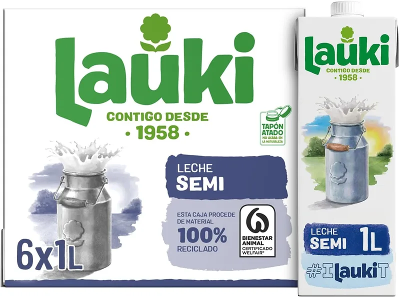 Lauki ▫️ Leite semidesnatado com respeito pelo bem-estar animal - Sem açúcar adicionado e sem glúten - Embalagem UHT, pacote de 6 x 1 L