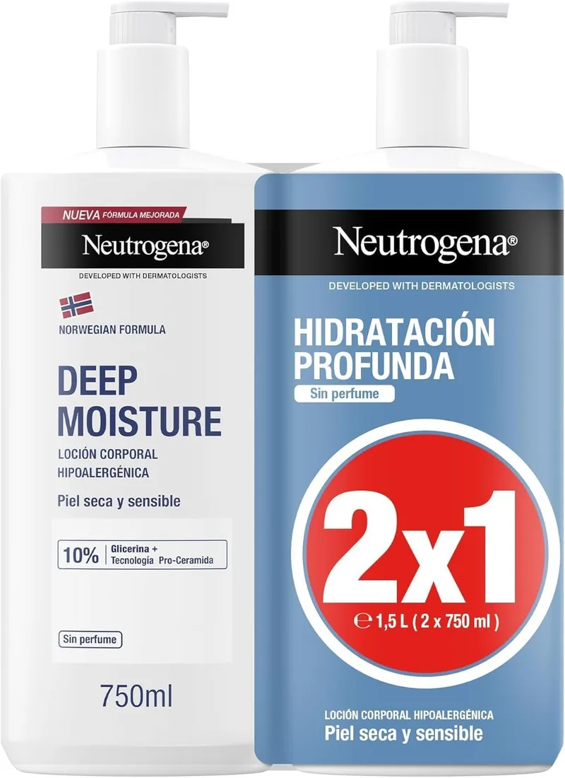 Neutrogena ▫️ Fórmula Norueguesa Hidratação Profunda Loção Corporal Hipoalergénica (2 x 750 ml), creme hidratante corporal para pele seca e sensível, creme hidratante com Pro-Ceramida e Glicerina