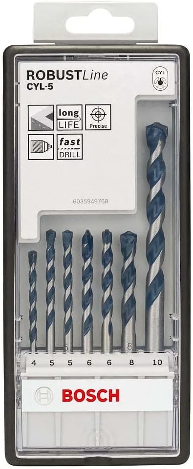 Bosch Accessories ▫️ Conjunto Bosch Professional Robust Line com 7 brocas CYL-5 para betão e granito (acessórios para martelo perfurador), Ø 4-10 mm