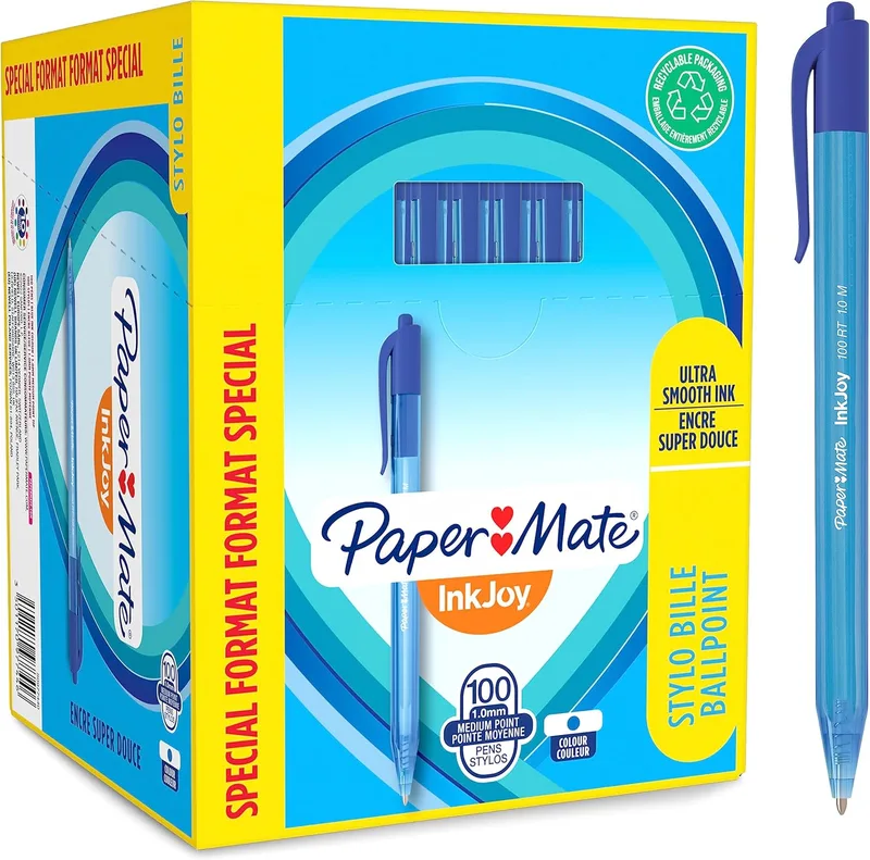 Paper Mate ▫️ InkJoy 100RT Caneta retrátil | ponta média (1,0 mm) | azul | embalagem de 100 unidades