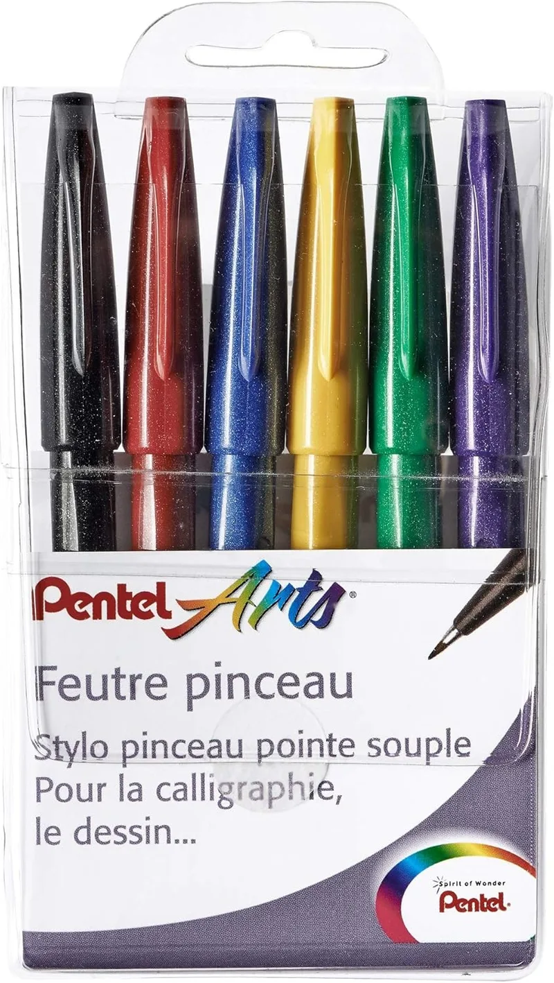 Pentel ▫️ Conjunto de 6 marcadores de ponta macia com pincel - Ideal para esboços e caligrafia - Cores sortidas, cor Funny Pochette de 6
