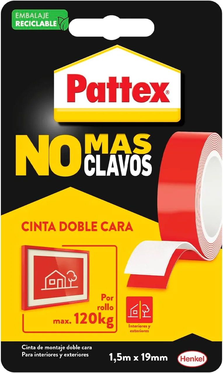 Pattex ▫️ No More Nails Tape, fita adesiva para aplicações permanentes, fita de dupla face extra forte, adesivo de montagem para utilização em interiores e exteriores, 19 mm x 1,5 m