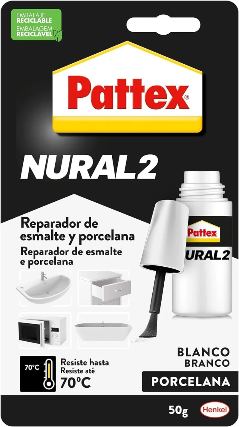 Pattex ▫️ Nural 2 Reparação de esmalte e porcelana, esmalte branco permanente para lascas, mossas e riscos, esmalte profissional com múltiplas aplicações, 1 x 50 g