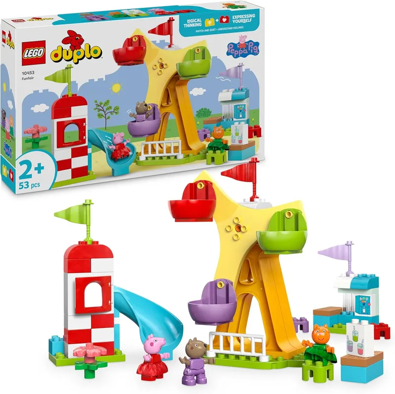 LEGO Duplo Peppa Pig Fair - Jogos de Motricidade Fina para Raparigas e Rapazes a partir dos 2 anos - Parque de Diversões com Roda Gigante e Escorrega de Brinquedo e 3 Figuras, incluindo o Cão Danny e o Gato Candy 10453