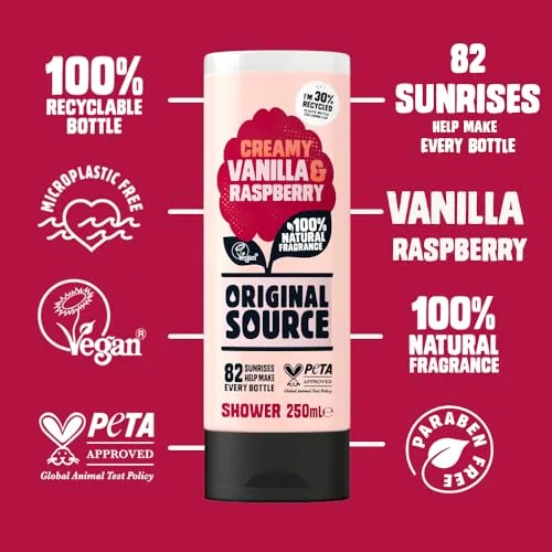 ORIGINAL SOURCE ▫️ Fonte original: Gel de banho de baunilha e framboesa, fragrância 100% natural, vegan, não testado em animais, sem parabenos, embalagem grande com 6 x 250 ml 2