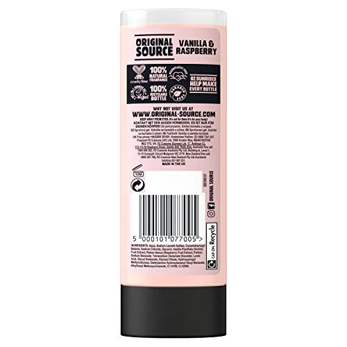 ORIGINAL SOURCE ▫️ Fonte original: Gel de banho de baunilha e framboesa, fragrância 100% natural, vegan, não testado em animais, sem parabenos, embalagem grande com 6 x 250 ml 3