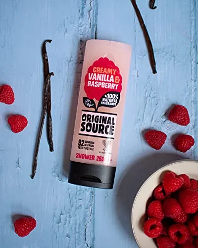 ORIGINAL SOURCE ▫️ Fonte original: Gel de banho de baunilha e framboesa, fragrância 100% natural, vegan, não testado em animais, sem parabenos, embalagem grande com 6 x 250 ml 4
