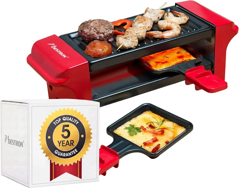 Bestron ▫️ Mini Raclette para 1 ou 2 pessoas, antiaderente, 350 W, vermelho/preto