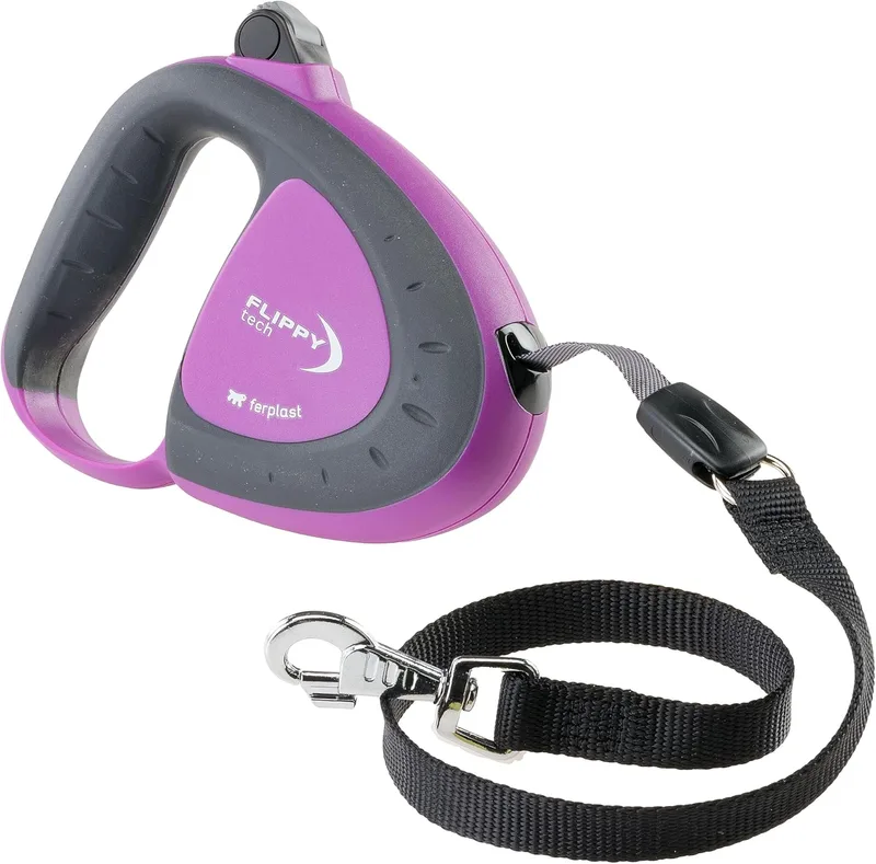 Ferplast ▫️ Trela Extensível para Cães Flippy Tech, Trela para cães de tamanho médio até 25 kg. Fita extensível até 3 m. Botão único de bloqueio e libertação, roxo