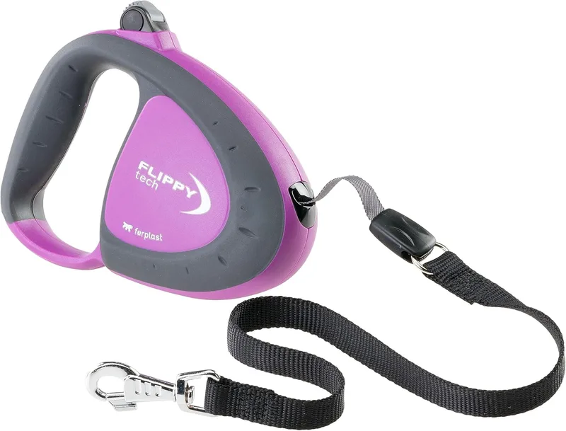 Ferplast ▫️ Trela Extensível para Cães Flippy Tech, Trela para cães de grande porte até 50 kg. Fita extensível até 5 m. Botão único de bloqueio e libertação, roxo
