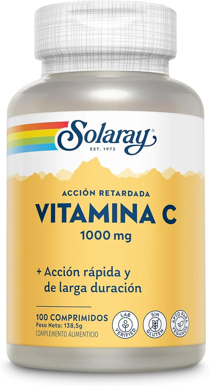 SOLARAY ▫️ Vitamina C 1000 mg | Com rosa mosqueta e acerola | Liberação prolongada | Sem glúten | Adequado para veganos | Comprimidos, tamanho único, baunilha, 100 unidades