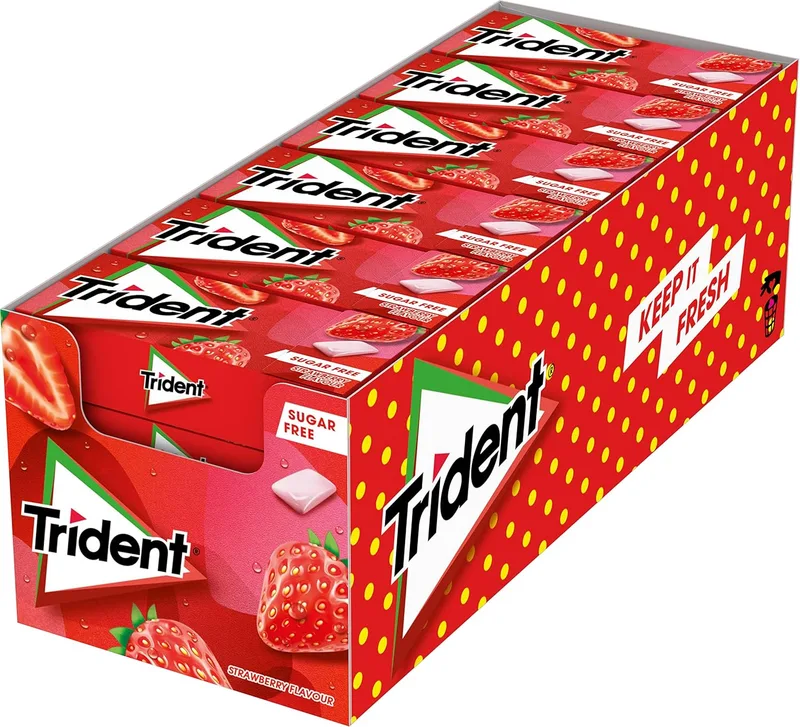 Trident ▫️ Fresh Gragea Fresa – Pastilhas elásticas sem açúcar com sabor a morango – Embalagem com 24 pacotes de 14,5 g